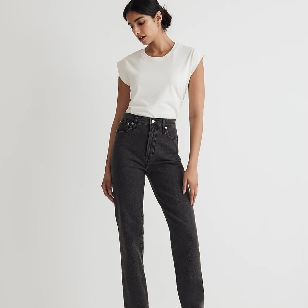 Madewell the perfect vintage straight jean black denim holes distressed size 27p